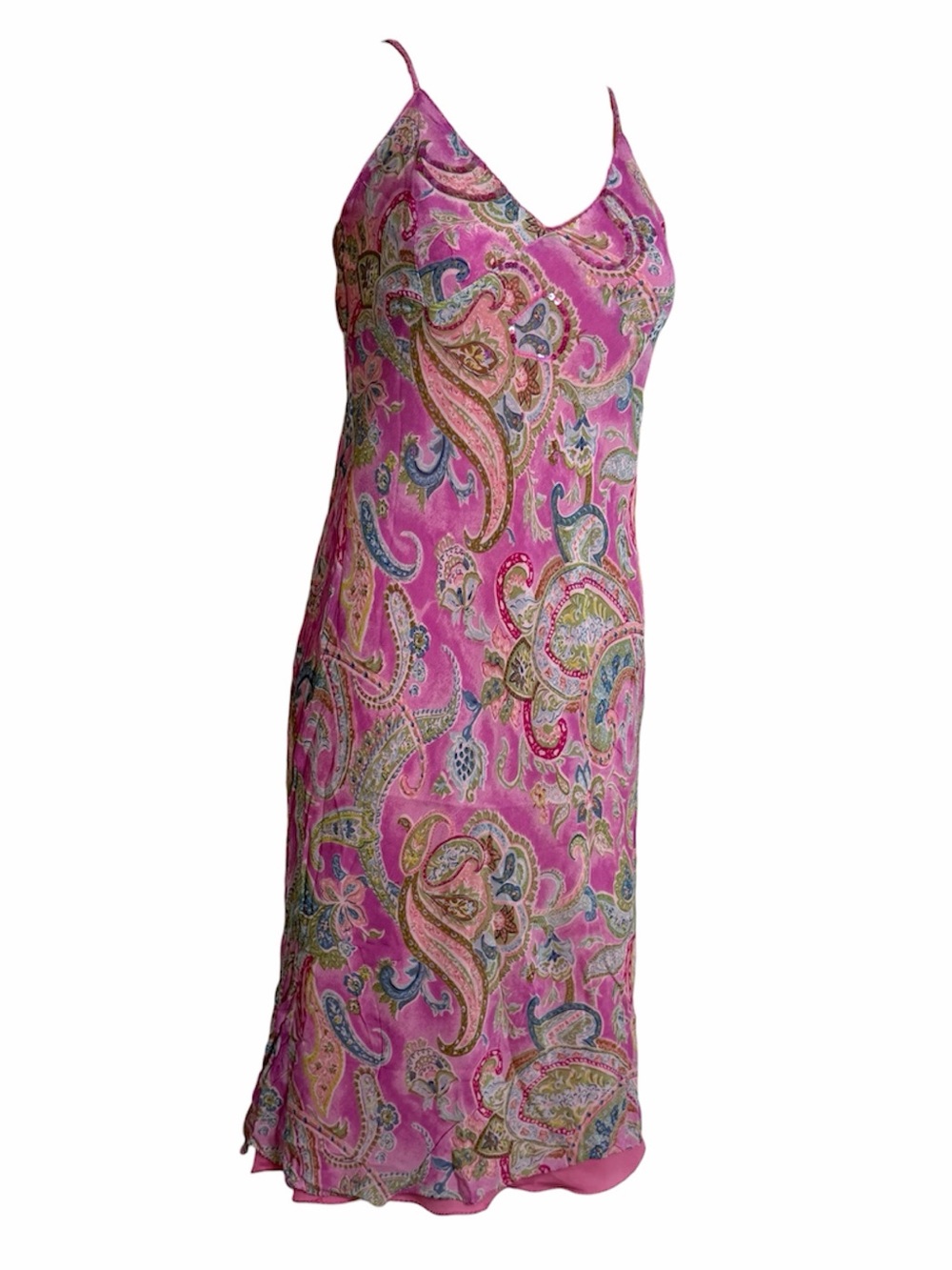 René Derhy Y2K Paisley Print Slip Dress Pink Sequin Trim Size M Romantic